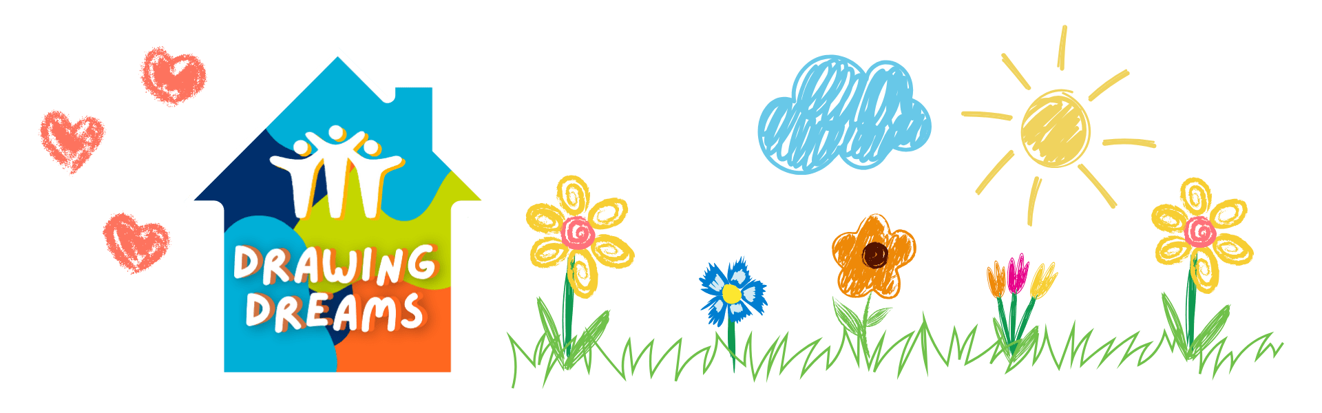 Drawing Dreams graphic with kids hand-drawn pictures of flowers, sun and clouds