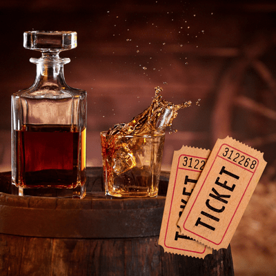 Bourbon Glass with tickets on barrel