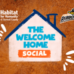 The Welcome Home Social event graphic featuring Habitat for Humanity of Summit County (40 Years) and Akron RubberDucks logos.